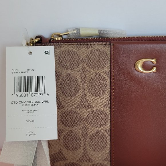 COACH Small Wristlet in Signature Logo Coated Canvas - Tan Rust⭐ - Picture 15 of 16